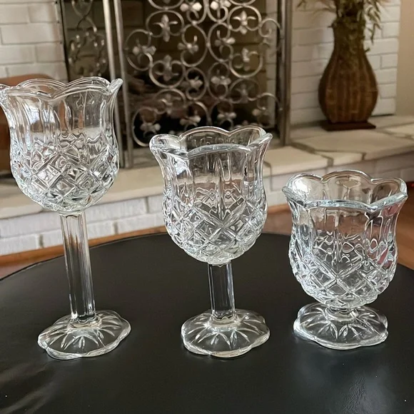 Vintage Home Interiors Tulip Cup Stem Votive Glass Candle Holders Set Of 3 - Picture 1 of 6